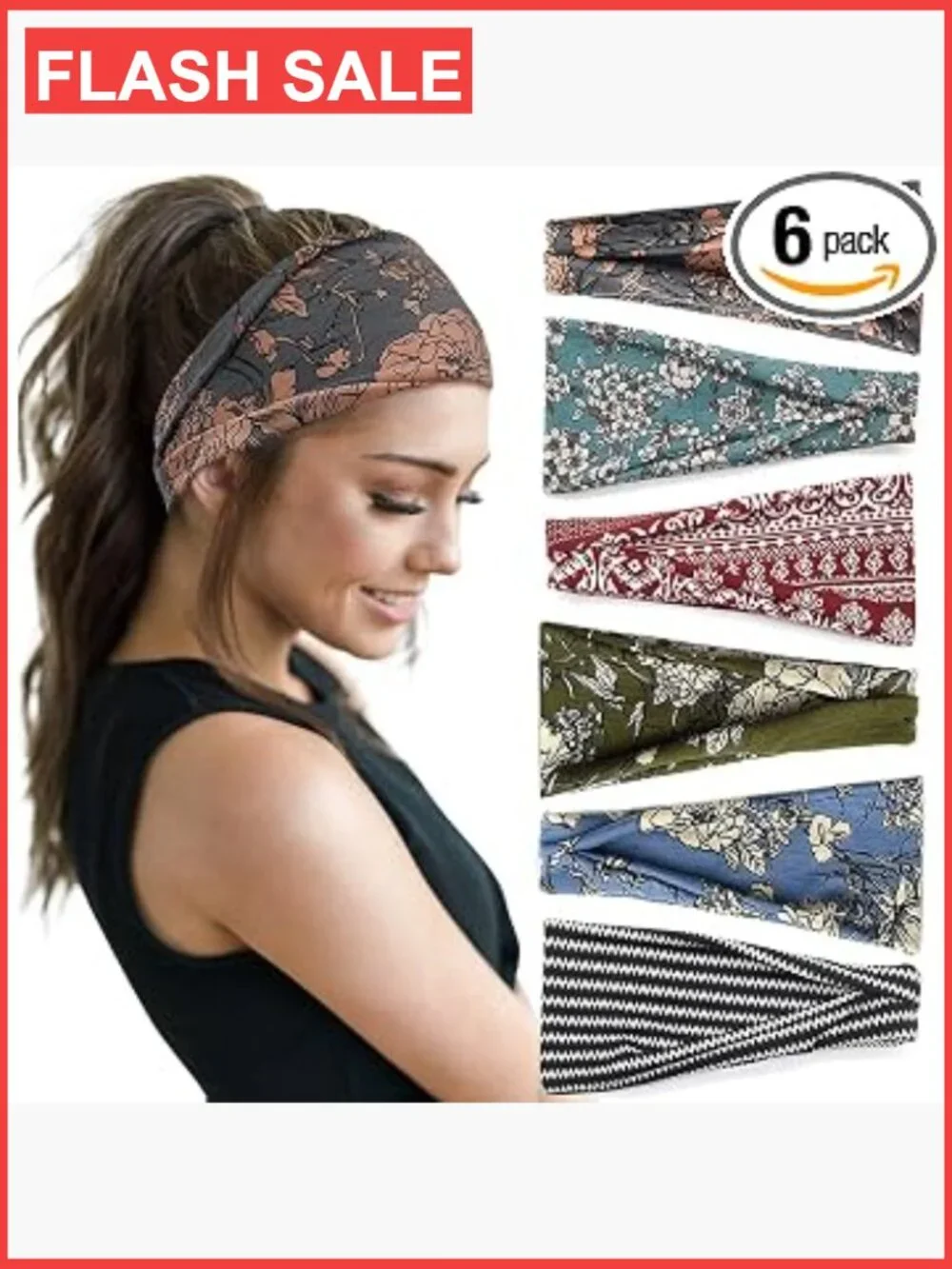 Boho Wide Headbands for Women - 6 Pack Non Slip Yoga Hair Bands